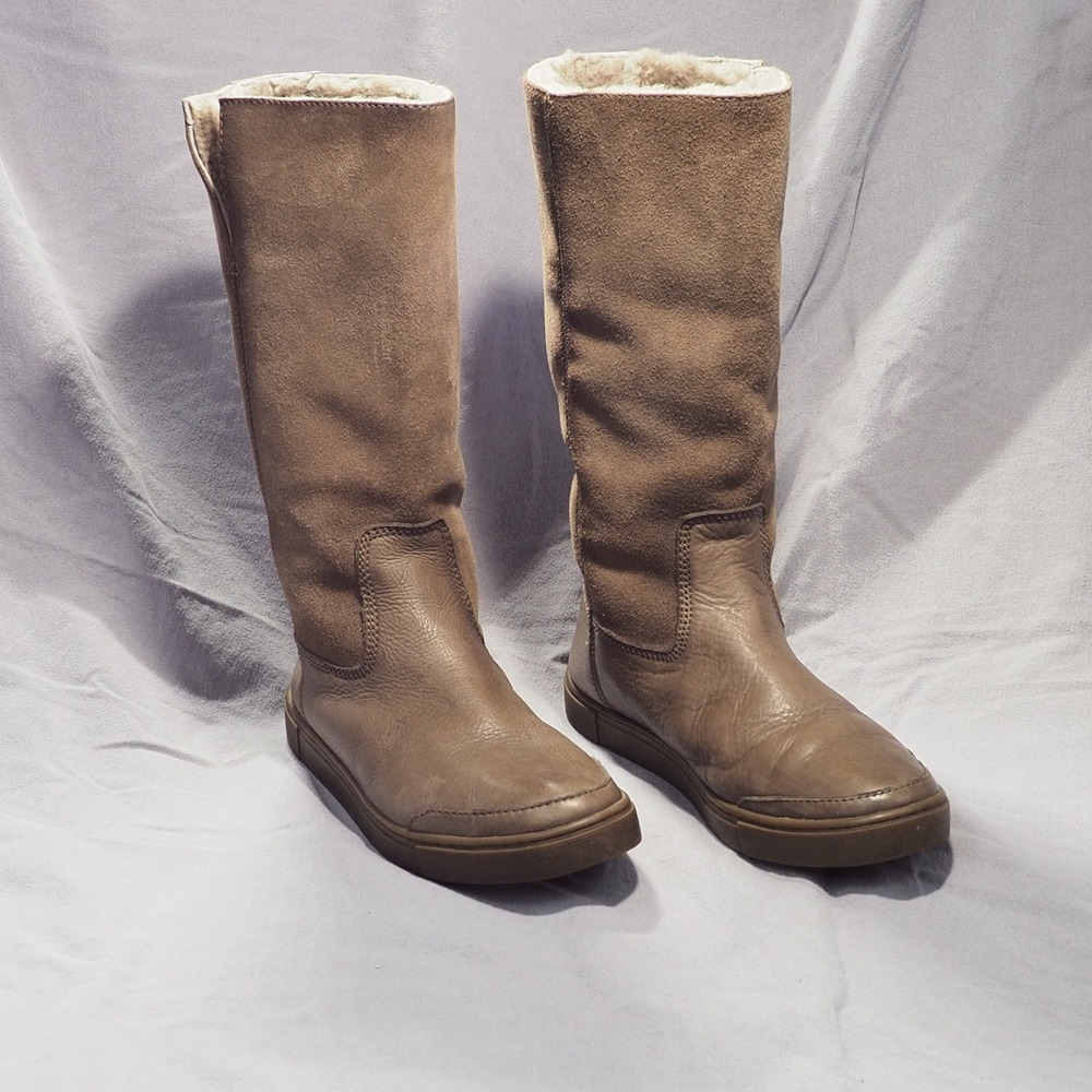Frye Gemma Tall Boots Womens 9 Gray Suede Leather Shearling Lined Slip On Winter